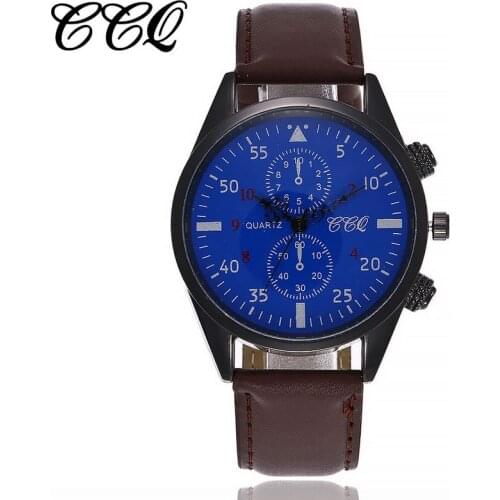 100pcs/Lot CCQ Leather Men Watch Fashion Round Case Quartz Watch Fake Two Eyes Wristwatch Clock Wholesale Relogio Masculino