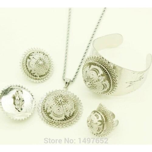 2017 Big Size Ethiopian jewelry sets Silver Plated Pendant/Necklace/Earrings/Ring/Bangle African/Ethiopian Women Bridal Wedding