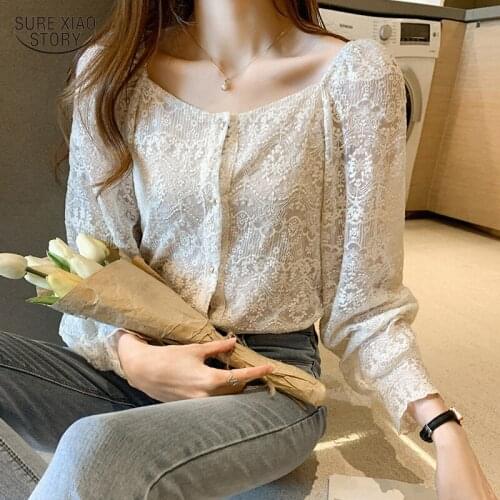 2021 Gentle All-match Long Sleeve Shirt Female Spring Crochet Lace Women Top Korean Square Collar Embroidery Floral Blouse 13980