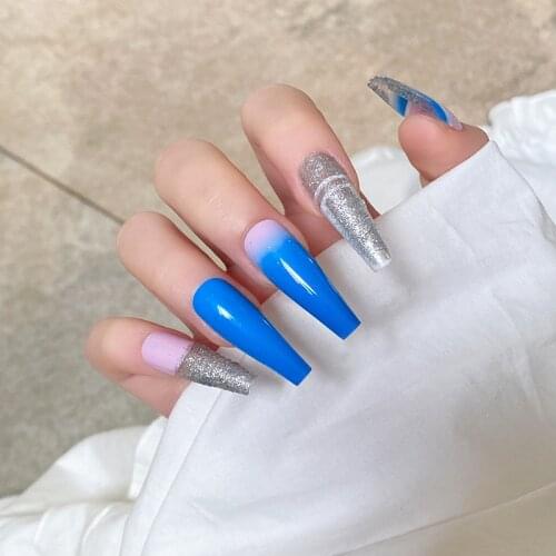 24pcs Press On Nail Coffin Pre Designs Long Blue Silver Comfortable Portable Wern Nail Stickers Finished Fake Nails With Glue DL