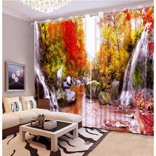 3D Curtain Photo Oil Painting Maple Leaf Creek Deer Curtains For Bedroom Curtains For Living Room Blackout Shade Window