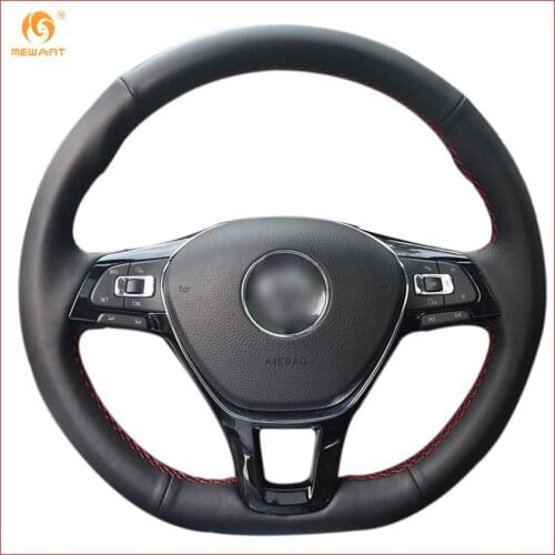 MEWANT Black Genuine Leather Steering Wheel Cover for Volkswagen VW Golf 7 Mk7 New Polo Jetta Passat B8 Tiguan Sharan Touran Up