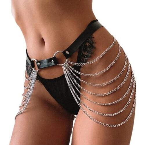 Black Leather Waist Chain for Women Hip Hop Style Goth Sexy Body Chain Skirt Punk Style Strap Waist Body Harness Dance Jewelry