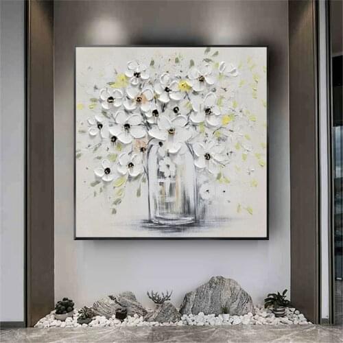 Hand Painted Oil Painting Large Size On Canvas White Flower Vase Modern Home Decor Abstract Wall Art Picture For Living Room