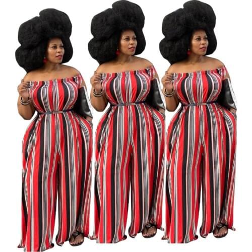 Womens Striped Print Off The Shoulder Sexy Jumpsuit One Piece Romoers Wide Leg Vintage Retro Playsuit Party Club Outfits 4XL