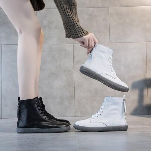 Back Zipper Casual Sneakers Shoes Women Genuine Leather Ankle Shoes Snow Boots with Fur 2021 Spring New Female Sneakers High Top