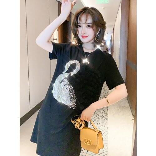 Hot drilling three-dimensional T-shirt dress dress summer new swan pattern