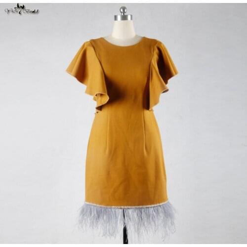 RSE694 Yellow Crepe Short Feather Cocktail Dress