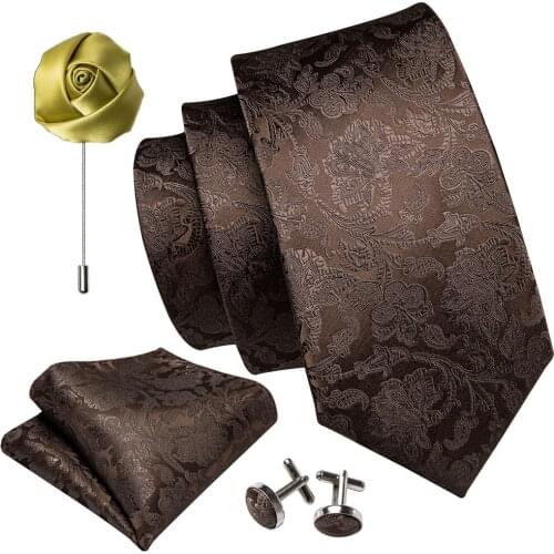 Mens Wedding Tie Brown Paisley Solid Silk Neck Ties For Men Gravat Handkerchief Cufflink Brooch Set Barry.Wang Designer FA-5507