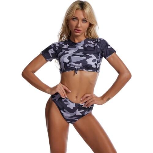 WTCandy 2021 New Camouflage Tankini Tie Knot Plus Size Swimsuit with Short Sleeve High Neck Swimwear Beach Sport Bathing Suit