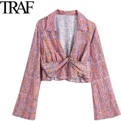 Traf Za Women Fashion Vintage Printed Long Sleeve Blouse Flared Sleeve Back Waist Stretch Down Shirts Office Ladies Tops Mujer