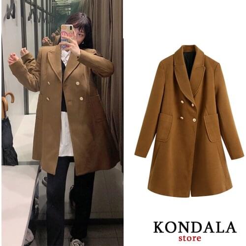 Womens Jackets Za 2020 Wool Office Lady Loose Winter Blends Long Sleeve Double Breasted Thick Long Jackets Female Elegant Coats