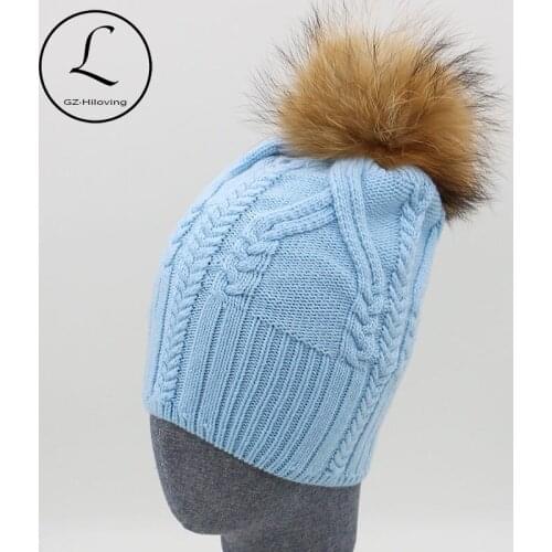GZHILOVINGL Brand Winter Hats For Women Zipper Striped Beanies Cap Knitted Hat Natural Fur Pompom Caps Female Gorros 16523F1