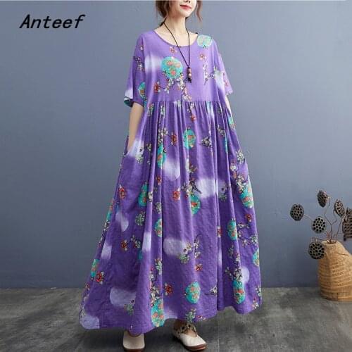 Short sleeve cotton vintage floral dresses for women casual loose long woman summer dress elegant clothes 2021