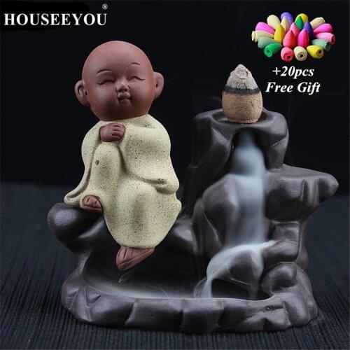 20Pcs Incense Cones + Little Monk Incense Burner India Buddha Backflow Holders Creative Purple Clay Stick Aroma Smoke Censer