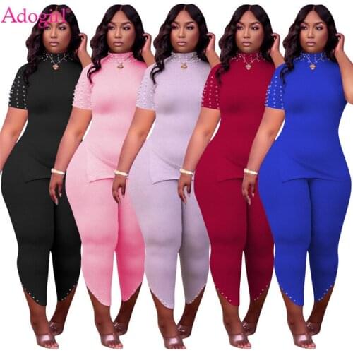 Adogirl Plus Size S-2XL Pearls Accent Women Two Piece Set Turtleneck Short Sleeve T Shirt Top Asymmetrial Pencil Pants Suit