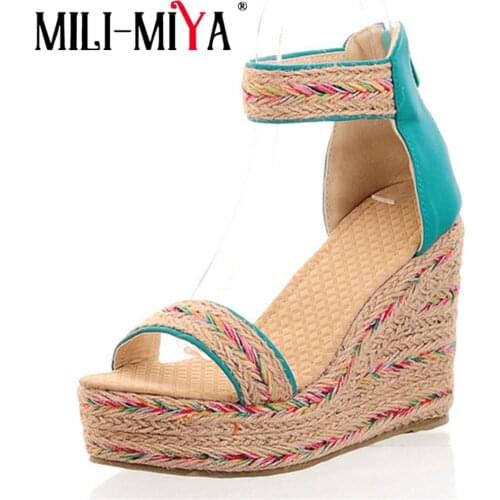MILI-MIYA Good Quality Sandals Cane&Pu Zip Cover Heels Platform 4cm Super High Wedges Dress Party Summer Shoes Hot Sale
