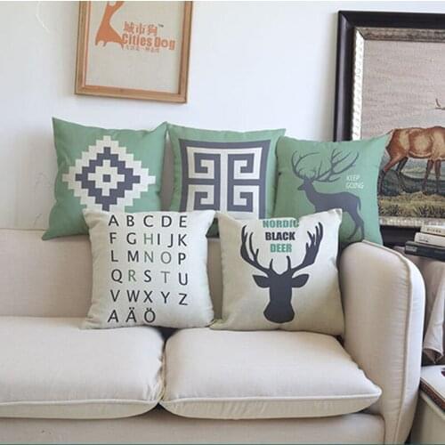 Nordic Style Deer And Alphabet Letters Geometric Pattern Throw Linen Pillow Case Home Sofa Room Decorative Cushion Cover 45x45cm