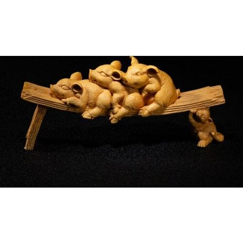 A Group of Piglets Statue Boxwood Carving Animals Statue Handmade Ornaments Home Living Room Solid Wood Carving Crafts
