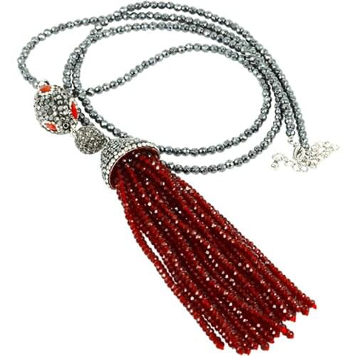 KEJIALAI bohemia beaded tassel pendant cutted black hematite beads chain rhinestone connector charms necklace for women NL5004
