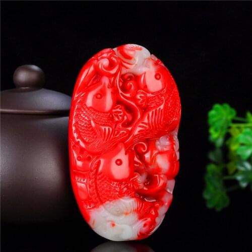 Chinese Red White Jade Fish Pendant Necklace Charm Jewellery Fashion Accessories Hand-Carved Amulet Gifts for Women Her