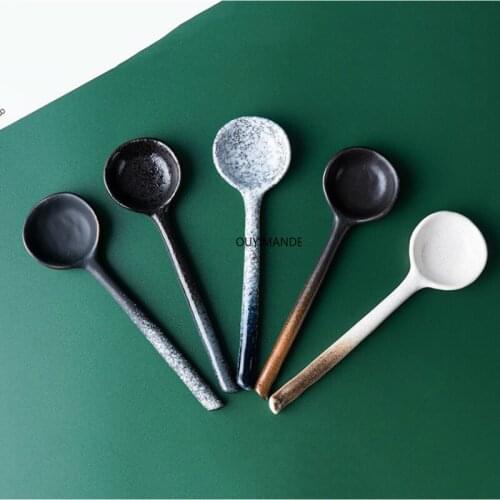 Chinese Retro Style Bump Texture Ceramic Long Spoon China Porcelain Coffee Soup Spoon Tableware Kitchen Utensils