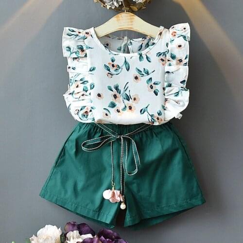 Girls Sets 2020 Summer New Childrens Clothing Girls Fashion Lace Print Shirt + Female Baby Loose Solid Color Shorts Suit