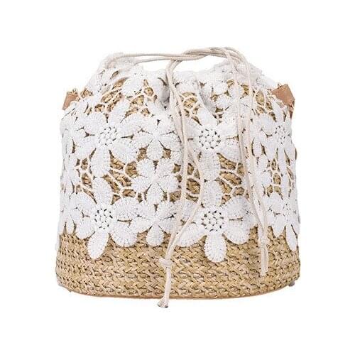 Summer Womens Lace Straw Woven Bucket Bag Fashion Solid Color Stitching Drawstring Beach Crossbody Bag