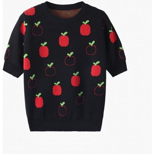 Summer Womens Knitted T-shirt Cute Cherry Round Neck Short Sleeve Top 2021 New Products