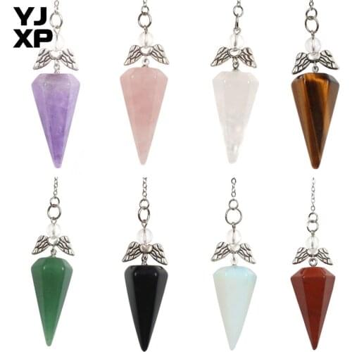 YJXP Hexagon Cone Pendulum Natural Crystal Stone Link Chain Angel Wings Pendant Finding Jewelry Dowsing Divination Wicca 1 Pcs