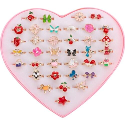 12Pcs Sweet Cute Adjustable Rings for Children Girls Party Makeup Toys Cartoon Crystal Jewelry Alloy Animal Enamel Ring