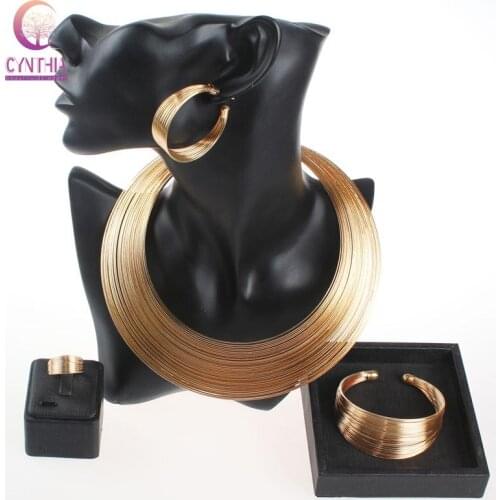 Fashion Gold/Silver Plated Multiple Strands Necklace Earrings Bangle Ring Fine Accessories Wedding Bridal Jewelry Set