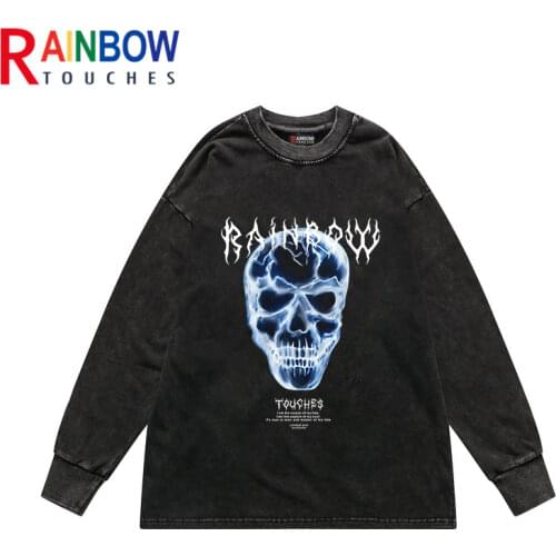 Rainbowtouches Men Lettered Printing Long Sleeve Top Rib Crew Neck Cuffs Trendy Loose T-shirt Unisex Superior Quality