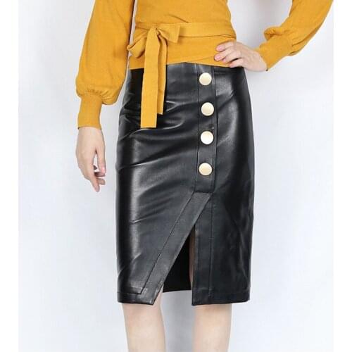 Arrival Autumn new straight metal buckle genuine sheepskin leather skirt ,mid-length slit skirt
