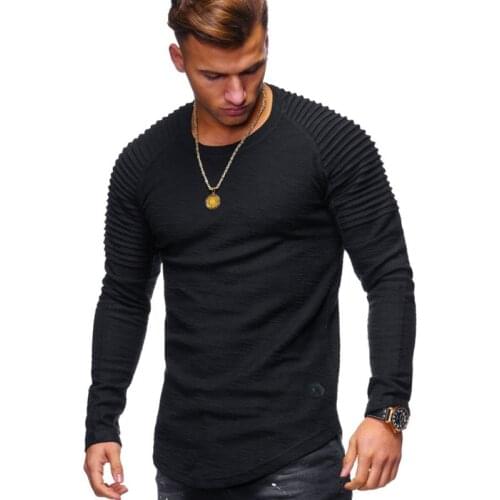 2020 Solid Color Sleeve Pleated Patch Detail Long Sleeve T-Shirt Men Spring Casual Tops Pullovers Fashion Slim Basic Tops