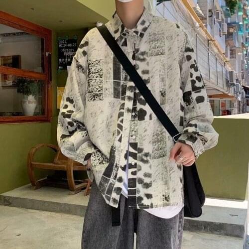 Hit Color Printed Shirt Spring Autumn Trend Loose Unisex Tops All-match Long Sleeve Bottoming Shirts Thin Coat Mens Clothes