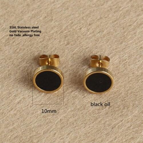 316 L Stainless Steel Titanium Brief Style Stud Earrings 10mm Black Oil Round Shape Gold-color Plating No Fade Allergy Free