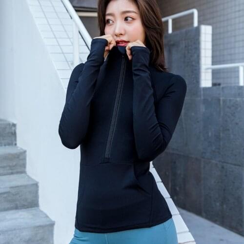 Fitness Black Long Sleeve Sport Top Zip Women Pocket Yoga Shirt Solid Jersey Female Workout Sportswear