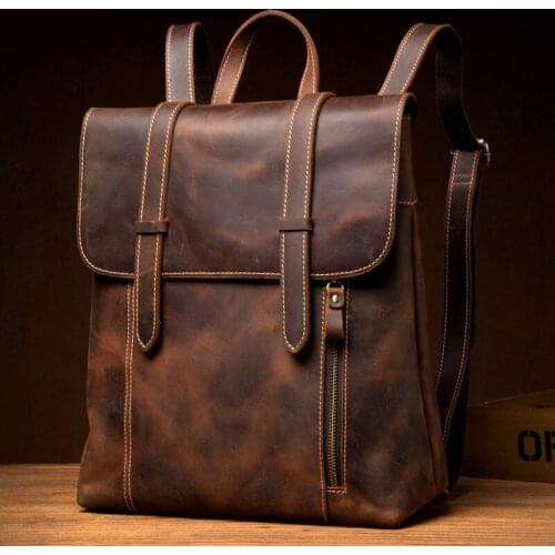 Vintage Crazy Horse Leather Backpack Genuine Leather Multifunction Men Bag