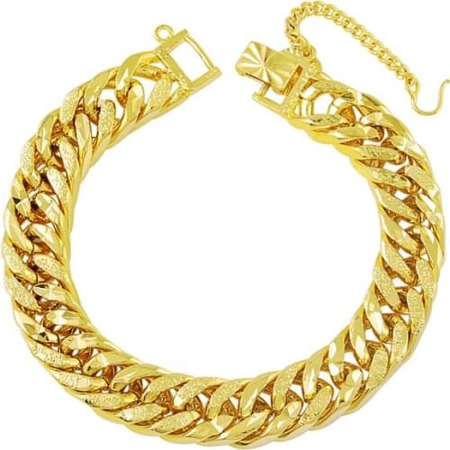 High Quality 24k Yellow Gold Color Classic 9.5mm Frosted Link Chain Bracelets Women Men Fashion Hand Chain Bracelet