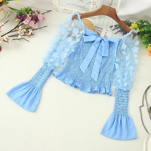 Women Slash Neck Puff Sleeve 3D Flower Bandage Strap Ruffles Bow Shirt Lady Short Elastic Slim Waist Pullover Chic Blouse Tops