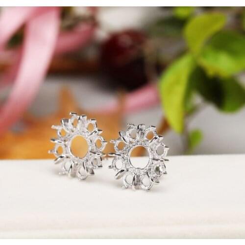 Sterling Silver 925 White Gold Color Stud Earrings for Women Round Cabochon 8x8 &3.5x3.5mm Fine Jewelry For Amber Apal Agate