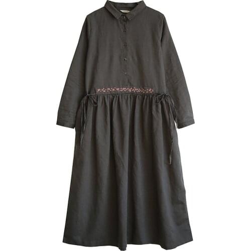 Johnature Women Embroidery Floral Vintage Shirt Dresses Cotton Linen High Quality Robes 2021 Spring New Belt Casual Dresses