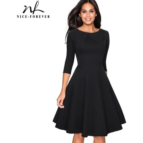 Nice-forever Vintage Brief Pure Color Round Neck vestidos 3/4 Sleeve A-Line Pinup Business Women Flare Swing Elegant Dress A116