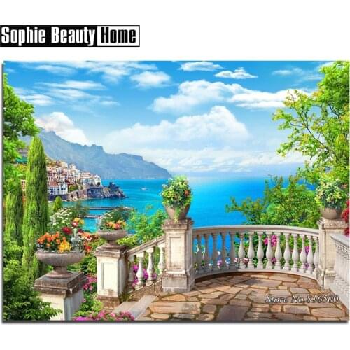 5D DIY Diamond Painting Scenic House Sea&Blue Sky Full Drill Mosaic Rhinestone Cross Stitch Kit Handmade Embroider Crafts 187258