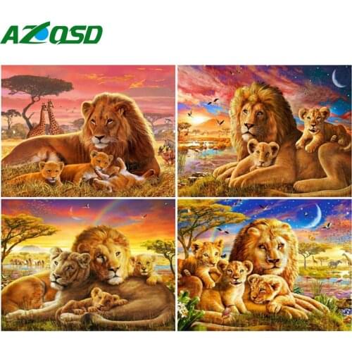 AZQSD Coloring By Number Lion Animal Drawing On Canvas Oil Painting By Number Sunset Kits Handmade Modern Wall Art