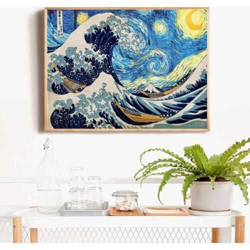 The Great Wave of Kanagawa Wall Art Canvas Painting Van Gogh Starry Night Style Poster Wall Canvas Print Living Room Pictures