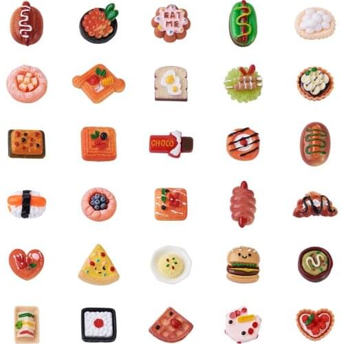 60Pcs Imitation Food Resin Cabochons Mixed Styles Bread Pizza Cake Sushi 3D Flatback Cabochons for Jewelry Making DIY Ornaments