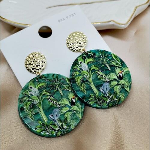 Fashion Large Green Round Acrylic Earrings Charms Accessories Gold Color Print Forest Animal Plant Tree Dangle Earrings