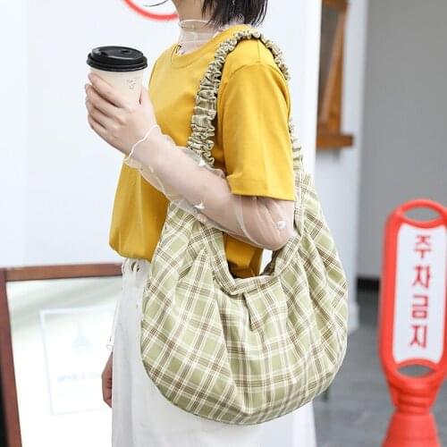 Newhotstacy Bag 03242021 Ladies simple Canvas Handbag dumpling leisure retro Plaid fold shoulder bag tote bag